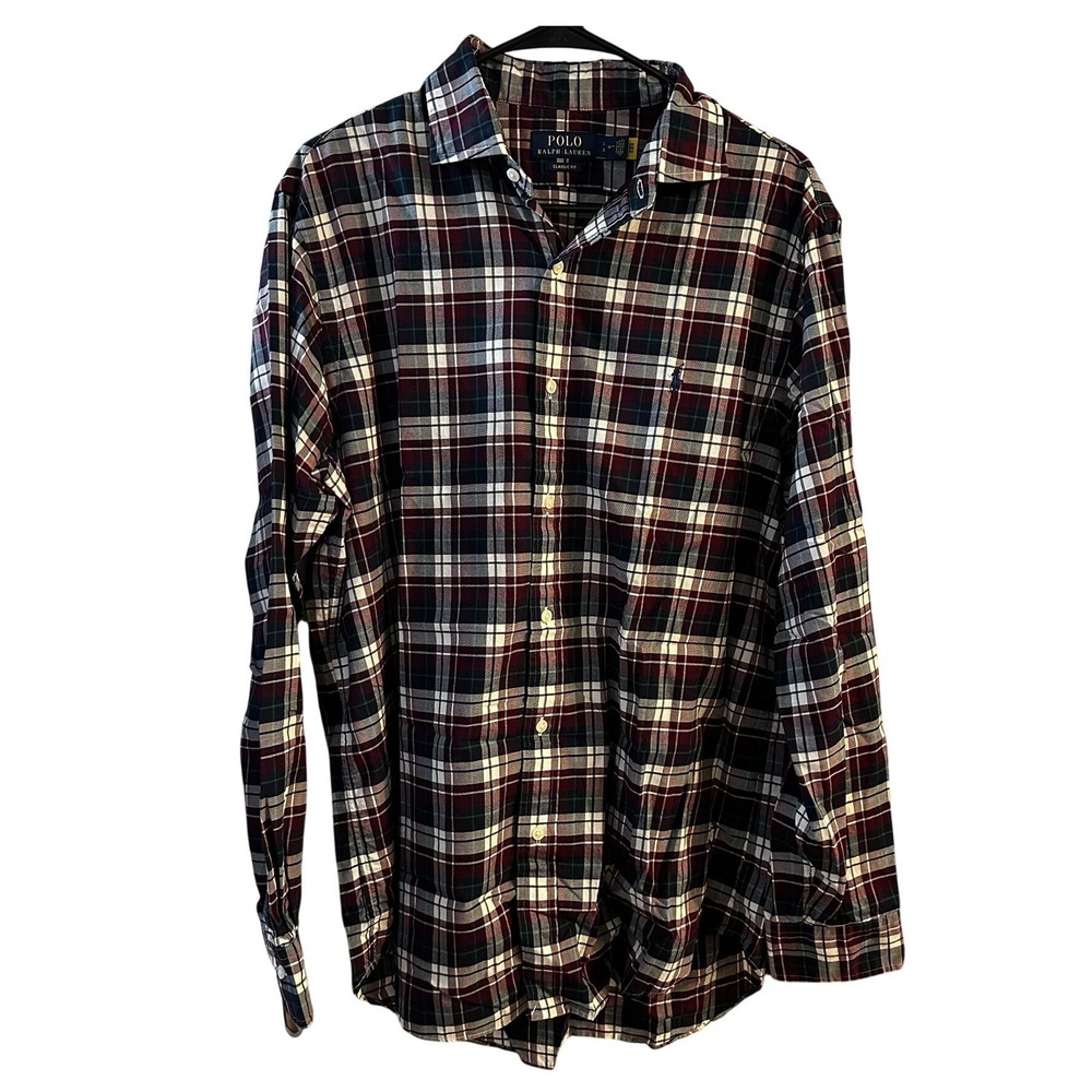 Polo Ralph Lauren Men's Classic Fit Plaid Button Down‎ Shirt Burgundy Navy Large